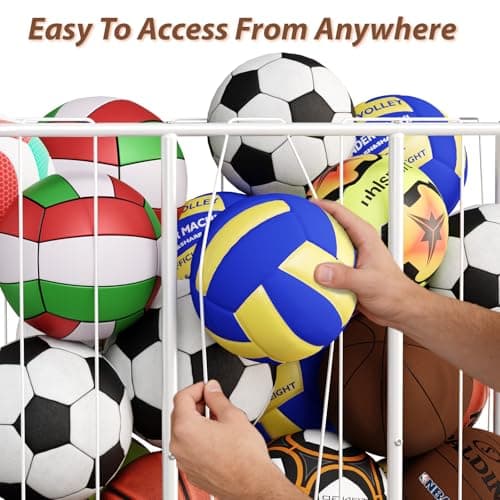 YKDIRECT 250L Rolling Ball Organizer with Locking Wheels - Large Sports Storage Basket for Basketball Soccer Football Volleyball, Steel Garage Equipment Cart with Elastic Rope for Household Storage - Thumbnail 2