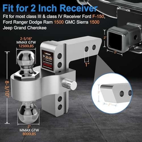 Vullteeon Adjustable Trailer Hitch-Drop Hitch for 2 inch Receiver, 6 Inch Drop/Rise, 2" & 2-5/16" Ball Hitches 12,500 LBS GTW, Aluminum Truck Hitches with Two Anti-Theft Pins Locks - Thumbnail 2