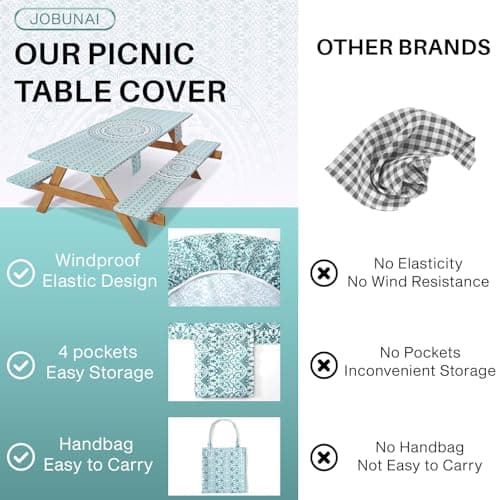 Jobunai Fitted 6Ft Picnic Table Cover with Chair Covers Elastic Polyester Stain Resistant Reusable Camping Table Cloth Patio Glamping Equipment Hiking Rv Outdoor Necessities Gifts for Grandma Grandpa - Thumbnail 4