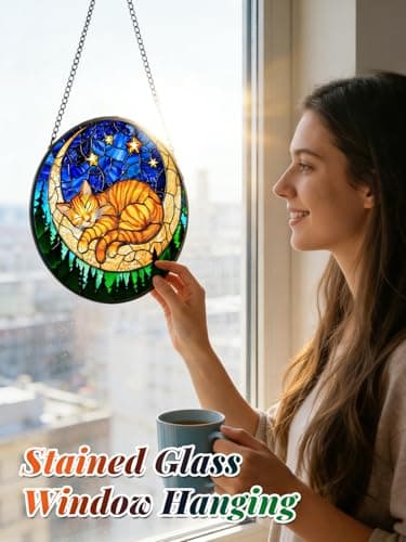 Stained Glass Window Hanging, Orange Sleeping Cat Suncatcher for Door Home Decor Moon Starry Night Sun Catcher Ornament Mother's Day Birthday Gifts for Women Men Mom 6.3 in - Thumbnail 2