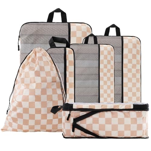 U+U 6 Set Compression Packing Cubes - Ultralight Travel Organizers with Laundry Bag, Space-Saving Suitcase Organizer for Travel, Business Trip and Family Vacation (Khaki Checkered)