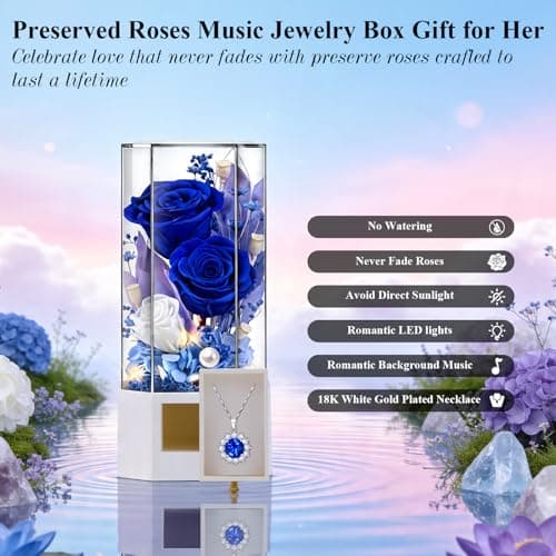 Eluvian Forever Preserved Roses Flowers with Necklace 18K White Gold Plated Birthday Gift for Mom Girlfriend Wife Long-Lasting Eternal Rose Music Box Gift for Anniversary Christmas Mother's Day-Blue - Thumbnail 4