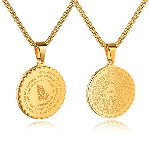 Rehoboth Stainless Steel Coin Medal Our Father Lord's Prayer Pendant Necklace for Women Men Praying Hands Coin Medal Pendant 24 Inch Chain - Image 1