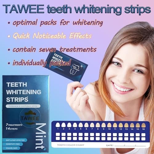 TAWEE Teeth Whitening Strips Peroxide Free Enamel Safe for Sensitive Tooth 14 Whitening Strips Whitens Teeth & Removes Yellow Stains 7 Treatments Each with 1 Upper/1 Lower Mint Flavor - Thumbnail 3