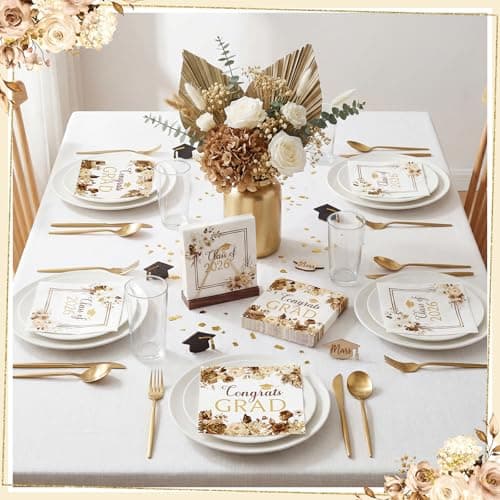 80 Pcs Boho Graduation Napkins, 6.5 Inch Boho Floral Congrats Grad Party Napkins Gold and White Class of 2026 Paper Napkin for High School College Graduation Party Decorations - Thumbnail 5