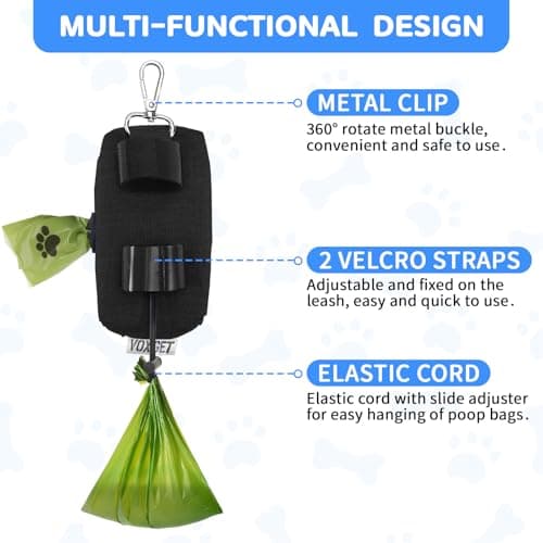 VOXGET Dog Poop Bag Holder for Leashes, Puppy Treat Pouch Carrier with 2 Zipper Pockets and Clip for Pets Doggy Training, Dog Waste Bag Dispenser with 1 Roll Poop Bags for Walking Accessories (Black) - Thumbnail 2