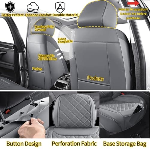 Chezope Car Seat Covers Full Set, Grey Leather Seat Covers, Breathable Front and Back Car Seat Protectors, Wear-Resistant Seat Covers Universal Fit for Most Cars SUV Truck (Grey-Diamonds, Full Set) - Thumbnail 3