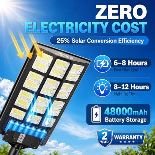 10000W Solar Street Light, Super Bright Solar Street Lights Outdoor Waterproof, 320° Solar Flood Lights Outdoor with Dusk to Dawn Motion Sensor Remote, 48000mAh IP67, for Parking Lot Yard Garage Farm - Thumbnail 6