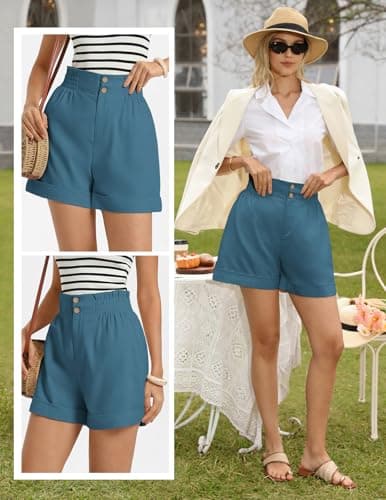 GRACE KARIN Linen Short for Women Honeymoon Vacation Outfits Travel Lounge Shorts with 2 Buttons Pockets Denim Blue M - Thumbnail 2