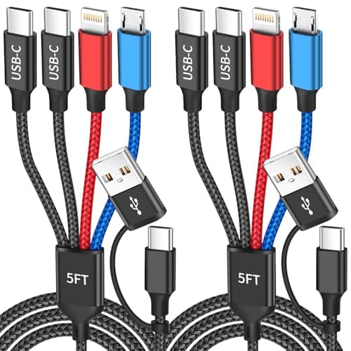 Travel 4 in 2 Charging Cable, USBA/C Multi Charging Cable for Multiple Devices with Two Type-C/Lightning/Micro USB, iPhone Charger Cord for iPhone17-12, Androids iPad, Car Accessories (2Packs, 5FT) - Image 1