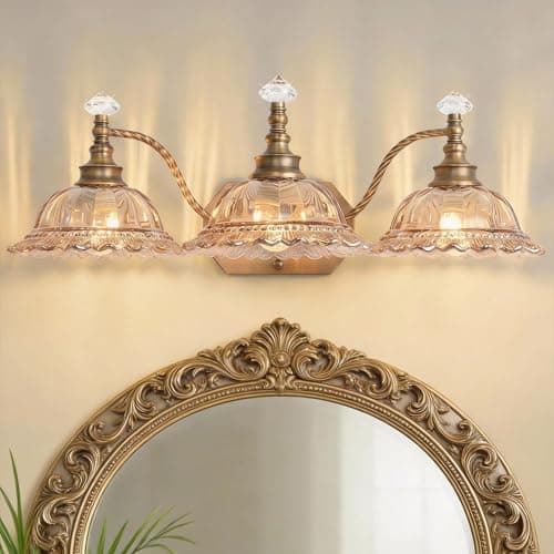PUAMUBUA Vintage Bathroom Vanity Light Fixtures, 3-Light Brass Light Fixtures Over Mirror with Pink Crystal Glass Flower Shade, Mid Century Farmhouse Wall Mount Lighting for Living Room, Kitchen - Image 1