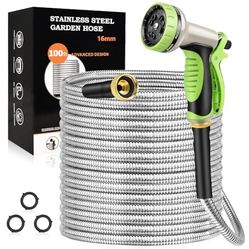 GOXAWEE Garden Hose 100FT, Stainless Steel Heavy Duty Water Hose With 10 Function Nozzle, No-Kink, Tough & Flexible, Sturdy and Lightweight, Rust Proof for Yard, Outdoor, RV