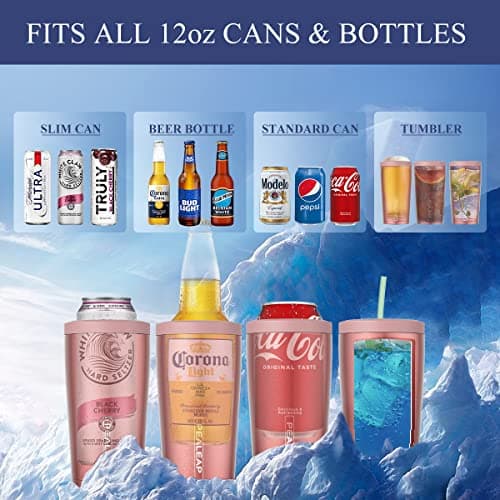 4 in 1 Insulated Slim Can Cooler for 12 OZ Cans and Beer Bottle - Keep 8 Hours Cold, Easy to Hold - Stainless Steel Can Holder, Double Walled Can Insulator for Hard Seltzer and More (Rose Gold) - Thumbnail 2