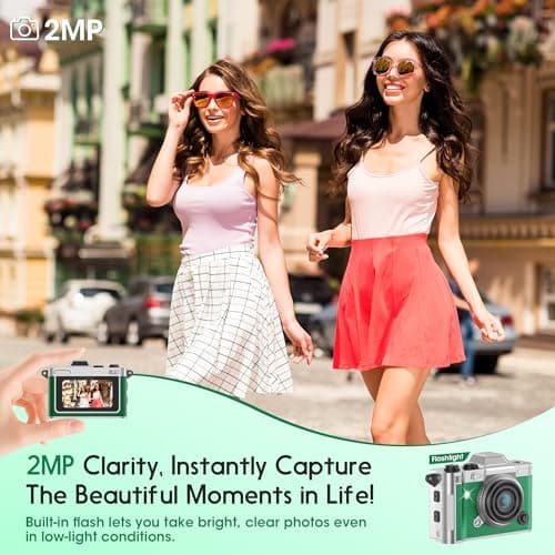 Dienspeak Pocket Mini Camera, Y2K Retro Keychain Digital Camera with Leather Body, Small Portable 2K HD Video Recorder with 16GB Card, Tiny Vintage Camcorder for Travel Vlogging Camera, Green - Thumbnail 4