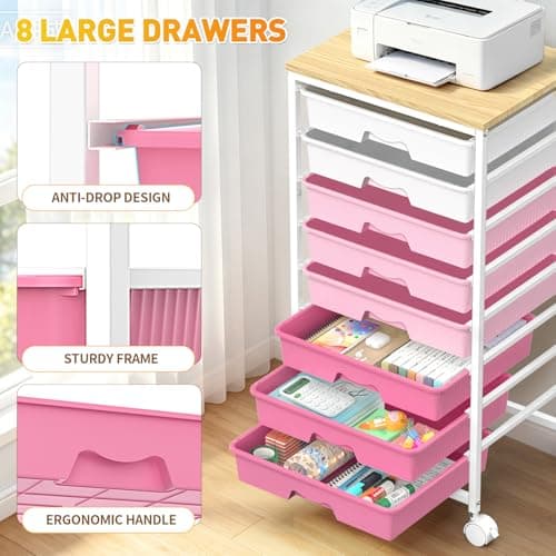 SUNALLY Rolling Storage Utility Cart With 8 Drawers, Storage Drawer Cart with Wooden Tabletop and 2 Lockable Wheels, 8 Tier Rolling Cart for Craft Art Supply Storage & Home Office Organization, Pink - Thumbnail 5