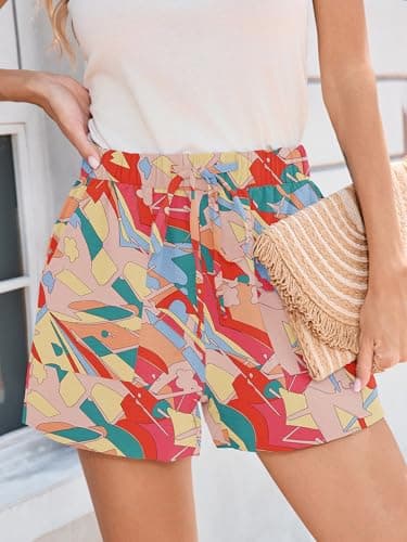 Heymoments Wide Leg Shorts Women Lightweight Lifeful Color Block Medium High Waisted Flowy Dressy Loose Fit Summer Ladies Cute Beach Trousers with Pockets - Thumbnail 3