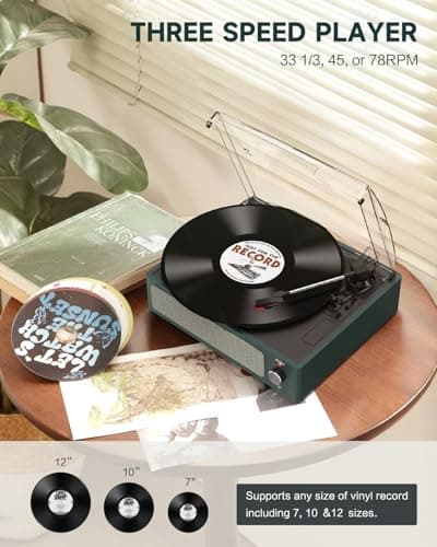 Record Player for Vinyl Turntable with Built-in Wireless Receiver & 2 Stereo Speakers 3 Speed 3 Size LP Players Portable Turntables for Vinyls Records Headphone AUX RCA Auto Stop New Sleek Dark Blue - Thumbnail 3