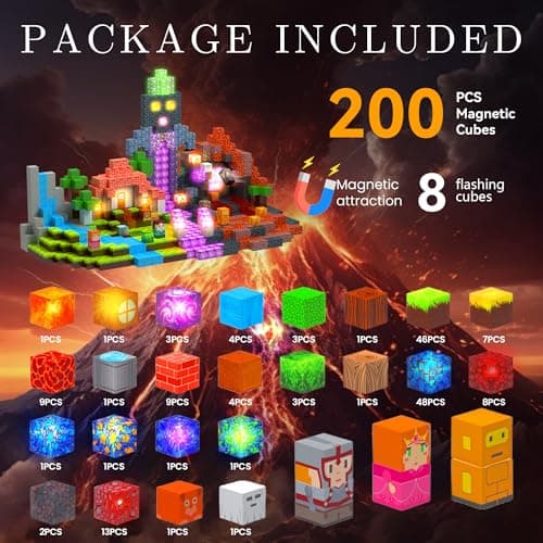 HEJIHUI 200 PCS Magnetic Building Blocks with Light Cube - STEM Educational Toys with Storage Bag for Kids 3+ (Volcano Theme) - Thumbnail 2