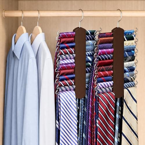 2 Pack Tie Hanger with 48 Hooks, Large Capacity Tie Rack for Closet Organizers and Storage,Space Saving Wooden Necktie Hanger for Men - Thumbnail 6
