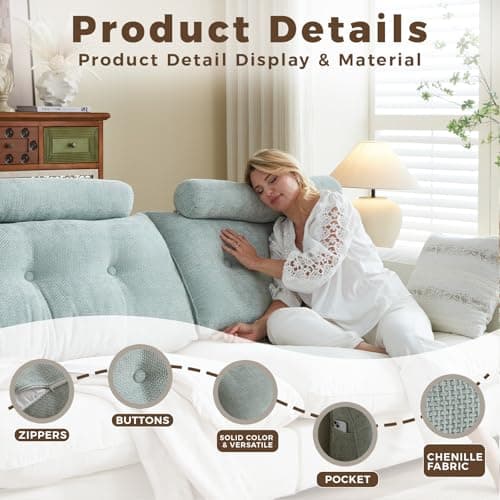ZERALIVEN Headboard Pillow for Full – Chenille Large Triangular Wedge Pillow for Headboard Gap, Daybed and Couch Backrest, Reading and Sitting Up in Bed with Removable Washable Cover, Green - Thumbnail 3