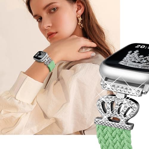 Chinber Braided Band Compatible with Apple Watch Bands 40mm 38mm 41mm 42mm 44mm 45mm 46mm 49mm,Magnetic Soft Nylon Stretchy Strap with Designer Bling Crown Strap for Series 10/9/8/7/6/5/4/3/2/SE/Ultra - Thumbnail 2