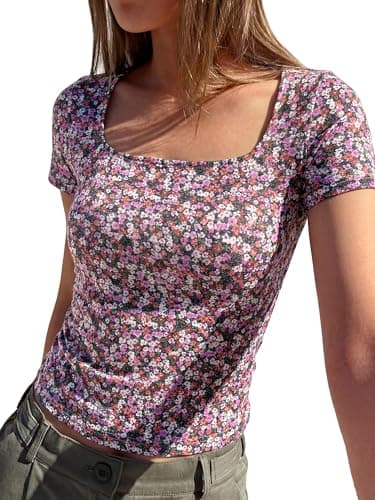BTFBM Floral Square Neck Tops for Women 2026 Trendy Summer Outfits Short Sleeve Shirts Boho Top Beach Vacation Clothes(Black Purple Pink Flower, Large) - Image 1