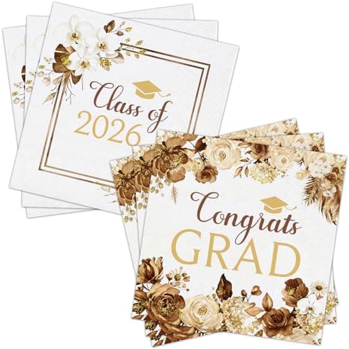 80 Pcs Boho Graduation Napkins, 6.5 Inch Boho Floral Congrats Grad Party Napkins Gold and White Class of 2026 Paper Napkin for High School College Graduation Party Decorations - Image 1