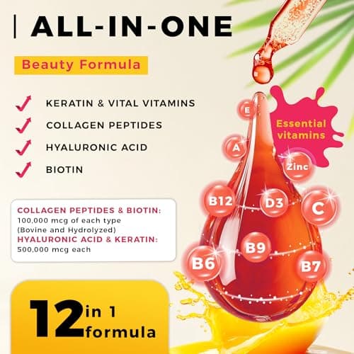 WELVIUM Liquid Biotin and Collagen Peptide Complex with Keratin, Hyaluronic Acid, MCT Oil, Zinc, Vitamins B6, B7, B12, A, C, D3, E - Hair, Skin, and Stronger Nails Supplement for Women and Men - Thumbnail 2