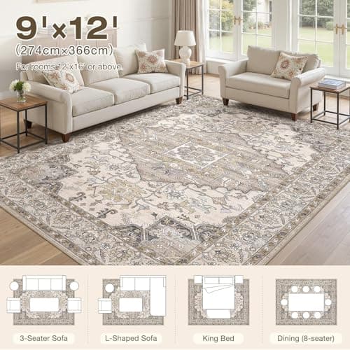 ELLIUNE 9x12 Washable Area Rugs for Living Room: Non Slip Vintage Brown Rug, Large Soft Stain Resistant Indoor Floor Carpets for Bedroom Dining Room Farmhouse Nursery Home Office Kid & Pet Friendly - Thumbnail 3