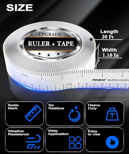 PHIXBEAR Double Sided Tape Built-in Ruler 1.18" x20ft - Clear Mounting Tape for Scrapbooking, Card Making, Paper Crafts, No Residue - Thumbnail 2