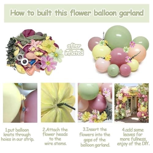 Pastel Pink Yellow Green Balloon Arch with Artificial Flower Double Stuffed Dusty Green Pink Peach Mauve Balloon Garland Kit for Tea Party Wildflower Spring Birthday Baby Shower Fairy Party Decor - Thumbnail 5