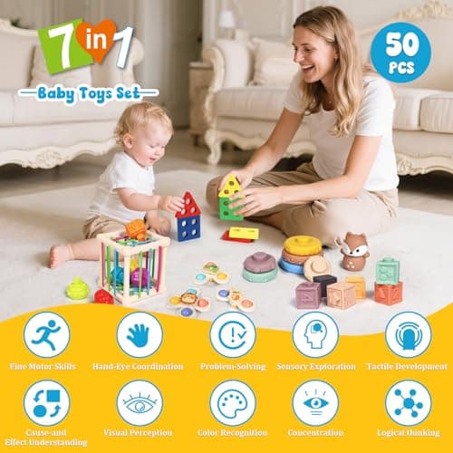 LearnToy Baby Toys 18-36 Months, Montessori 7-in-1 Activity Set - Stacking Blocks, Infant Teething Toy & Sensory Bin, Baby Boys & Girls Gifts - Thumbnail 2
