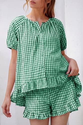 BLENCOT Maternity Pajamas Set Button Down Gingham Sleepwear Tops and Shorts 2 Piece Lounge Sets Pregnancy Clothes for Women Green Small - Thumbnail 4