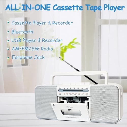 Cassette Tape Player Recorder Boombox with Bluetooth, AM/FM/SW Radio, Record to Cassette/USB/SD, Premium 10W Sound, AC/DC Powered, Portable Cassette Player - Thumbnail 2