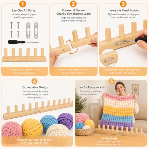 48'' Chunky Knitting Blanket Loom, Adjustable Wood Knit Loom with Detachable Modules, Portable Hand Weaving Loom Kit for Beginners, DIY Yarn Craft Tool for Home & Trave (48 inch) - Thumbnail 4