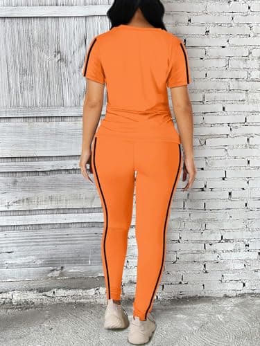 BNGPIKLY Travel Outfits for Women Two Piece Outfits Sweatsuits Sets Slim Top and Elastic Waist Sport Pants Orange S - Thumbnail 4