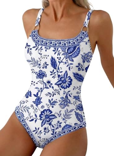 Herseas Women's Metal Ring Wide Straps Fashionable One Piece Swim Suits 2026 Summer Tummy Control Fast Dry Long Torso Bathing Suit Flattering Beach Vacation Clothes Blue Floral Print Medium - Image 1
