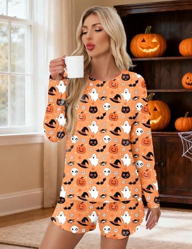 JUSTFASHIONNOW Halloween Pajamas for Women Printed 2 Piece Lounge Set Casual Long Sleeve Loungewear Matching Sleepwear Long Sleeve Top and Shorts Fall Winter Outfits (Orange, X-Large) - Thumbnail 3