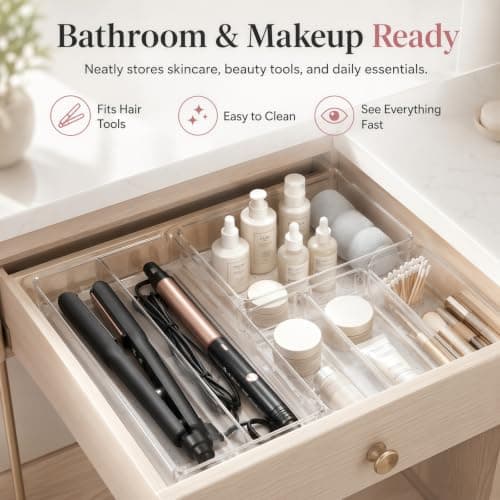 8 Pack Large Clear Plastic Drawer Organizer Bins - Acrylic Bathroom Drawer Organizer Trays - Heavy Duty Kitchen Drawer Dividers for Utensils - Non-Slip Storage Bins for Makeup, Bedroom, Office Desk - Thumbnail 6