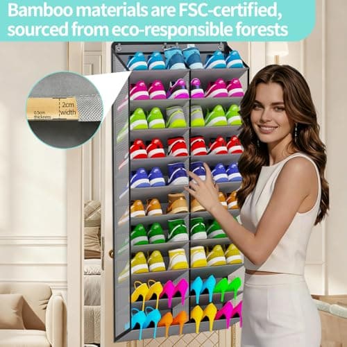Heavy-Duty, over the door shoe organizer, Extra-Wide Large, shoe organizer, Holds 30 Pairs & Supports 100lbs, shoe rack, with Reinforced Grommets & Bamboo Rods, Fits Men's Size 12 & Boots, Grey - Thumbnail 5