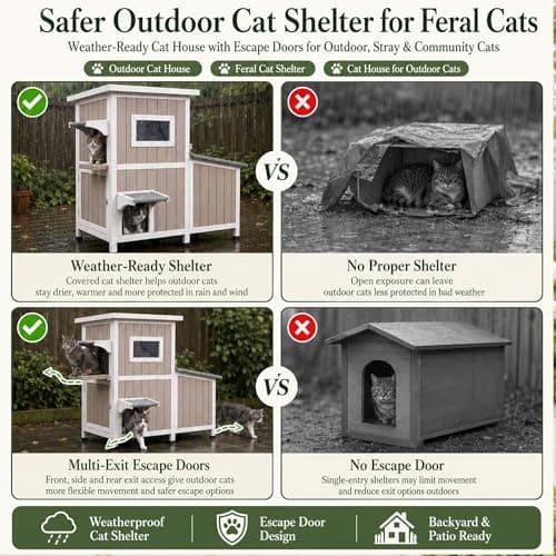 PetsCosset Cat House for Outdoor Cats Outside Feral Cat Shelter Weatherproof Wooden Cat Houses for 2-3 Cats with 3 Rooms 3 Escape Doors 2 Openable Asphalt Roofs - Thumbnail 4