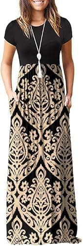 DEARCASE Women Floral Maxi Dress Flower Khaki Medium Round Neck Boho Short Sleeve Sundresses A-line Casual Hawaiian Flowy Party Spring Summer Vacation Beach Long Dresses with Pockets
