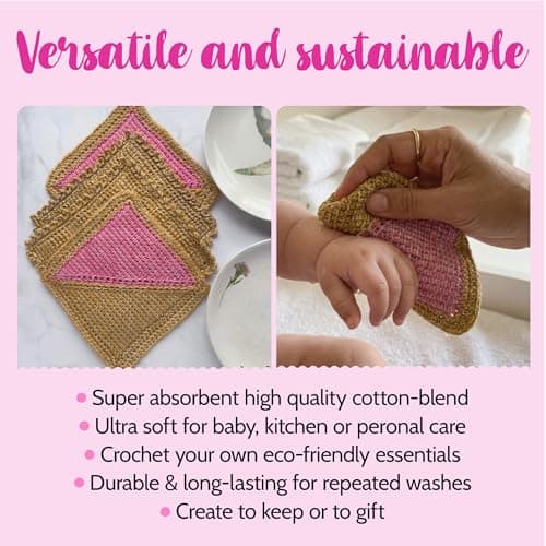KnitPal Everyday Joy Tunisian Crochet Dishcloth Kit for Confident Beginners – Make 4 Reusable Dishcloths – Cotton Yarn, Tunisian Crochet Hook, 2 Patterns & Video Tutorials (Camel Brown+Flamingo Pink) - Thumbnail 4