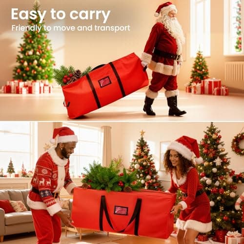 Christmas Tree Storage Bag, 9FT Large Christmas Tree Bag 600D with Reinforced Handles, Heavy Duty 9 Foot Tree Bags for Storage Waterproof Xmas Tree Box, Dual Zippers, Wide Opening, Red - Thumbnail 5