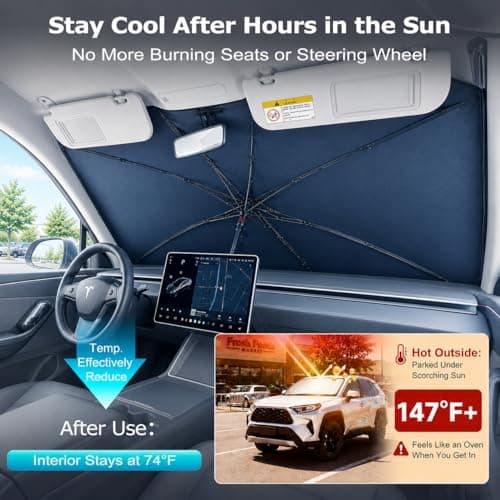 2026 Upgraded DooGooCoo Windshield Sun Shade Umbrella for Car, Reinforced Frame, UV Block Heat Shield, Keeps Interior Cooler, Foldable Front Windshield Cover, Small (52"x31") - Thumbnail 2