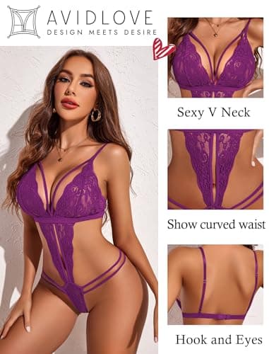 Avidlove Teddy Lingerie for Women Lace Body suit Teddy Bodydoll Lingerie (Light Purple, X-Small) - Thumbnail 2
