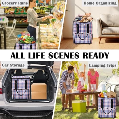 AnsTOP Reusable Grocery Bag on Wheels, 66LBS Foldable Shopping Cart with 5 Smooth Caster Wheels Zippered Top, Rolling Tote with Multiple Pockets for Groceries, Laundry, Travel, Camping,Medium,Colorful - Thumbnail 4