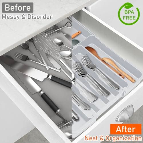 Spaclear Expandable Silverware Drawer Organizer - 7 Compartments BPA-Free Kitchen Utensil Tray, Adjustable 12.6”×9.5" to 19"×15.2", Cutlery Drawer Organizer, Gray - Thumbnail 5