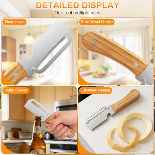 Multi-Functional Vegetable Peeler with Wooden Handle and Bottle Opener,Ultra-Sharp Stainless Steel Blade Kitchen Tool for Fruit Apple Potato Pumpkin Papaya - Thumbnail 5