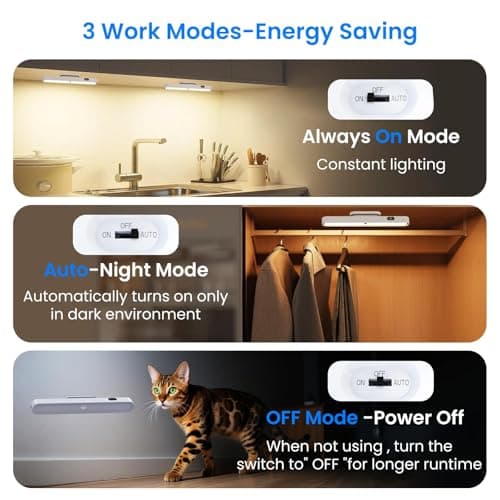 Motion Sensor Light Indoor with Battery Display,3000mAh Rechargeable Under Cabinet Lighting Magnetic Light Bar 300LM Battery Operated Closet Light Makeup Lights Stick On (White-A, Touch Control) - Thumbnail 5